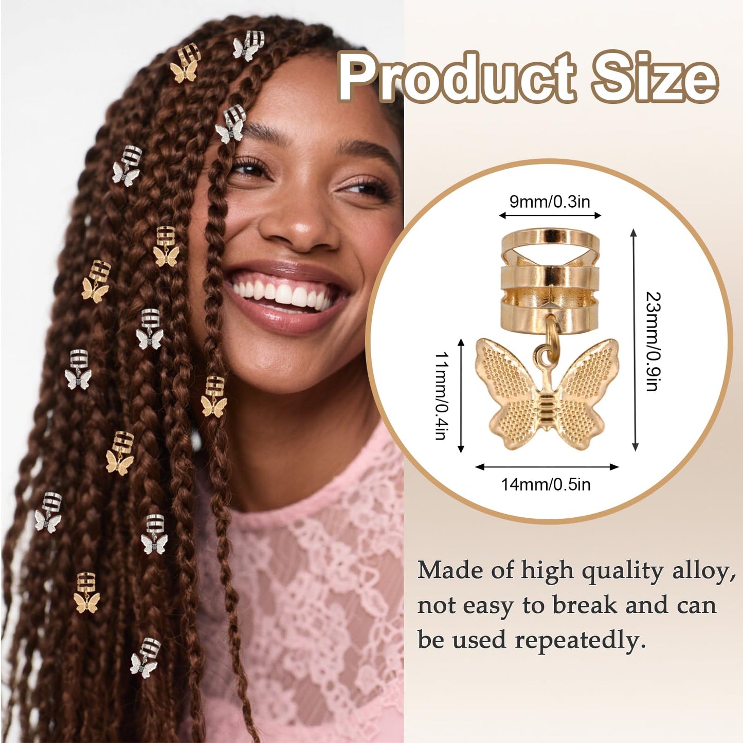 20Pcs Gold Silver Butterfly Cuffs for Women's Braids, Dreadlocks - Aluminum Rings, Adjustable Metal Clips, Hair Decorations