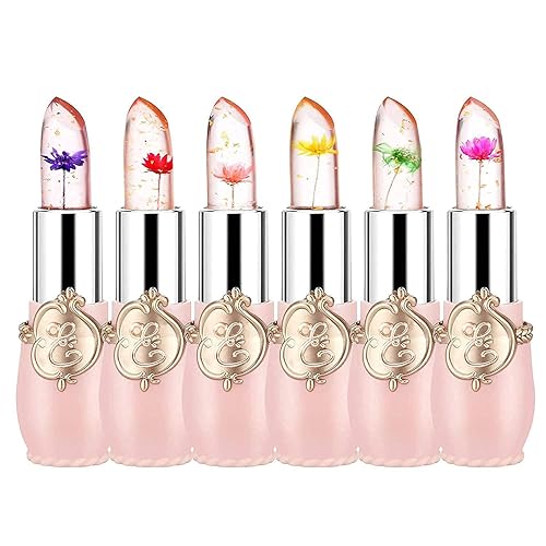 firstfly Pack of 6 Crystal Flower Jelly Lipstick, Long Lasting Nutritious Lip Balm Lips Moisturizer Magic Temperature Color Change Lip Gloss (Pink)