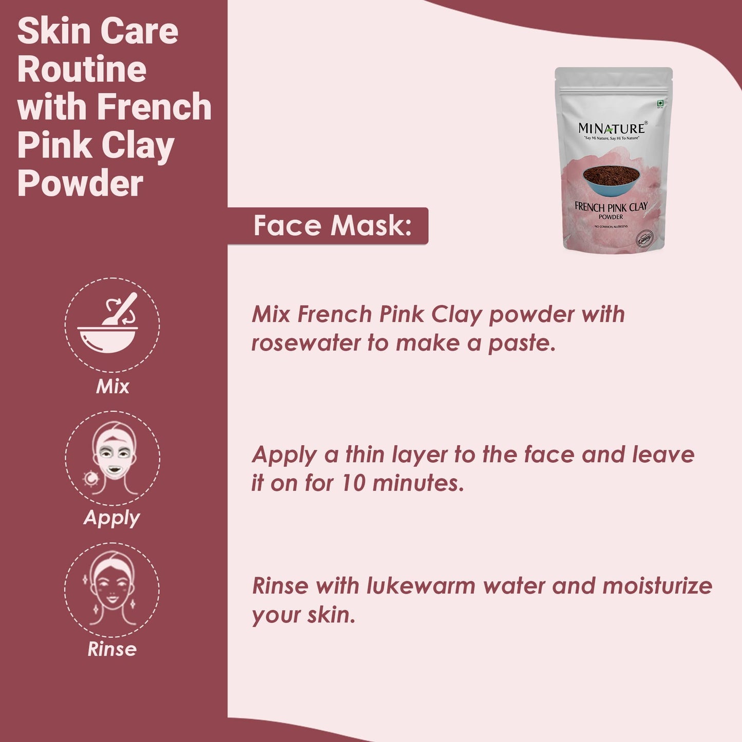 French Pink Clay powder by mi nature | 227g(8 oz) (½ pound) | Montmorillonite Pink-Clay | French Rose Clay | Face mask | natural powder