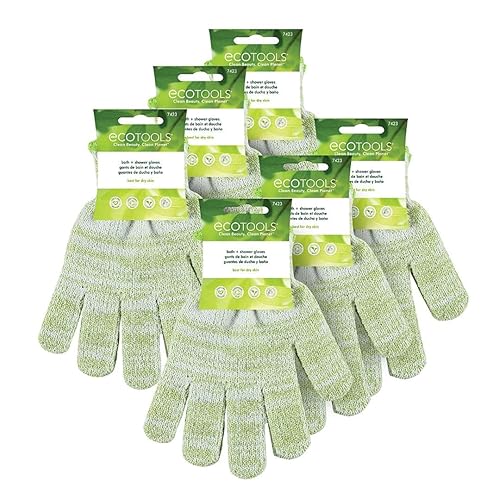 EcoTools Bath + Shower Gloves 6 Pack, Exfoliating Gloves Remove Dead Skin & Cleanse The Whole Body, Bath Gloves To Scrub & Hydrate, Self-Tanner