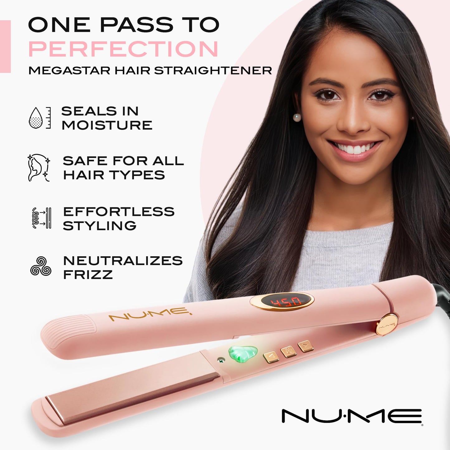 NuMe Megastar Hair Straightener, Blush | 1-inch Tourmaline Flat Iron with Floating Plates, Infrared Light and Negative Ions - Professional Styling