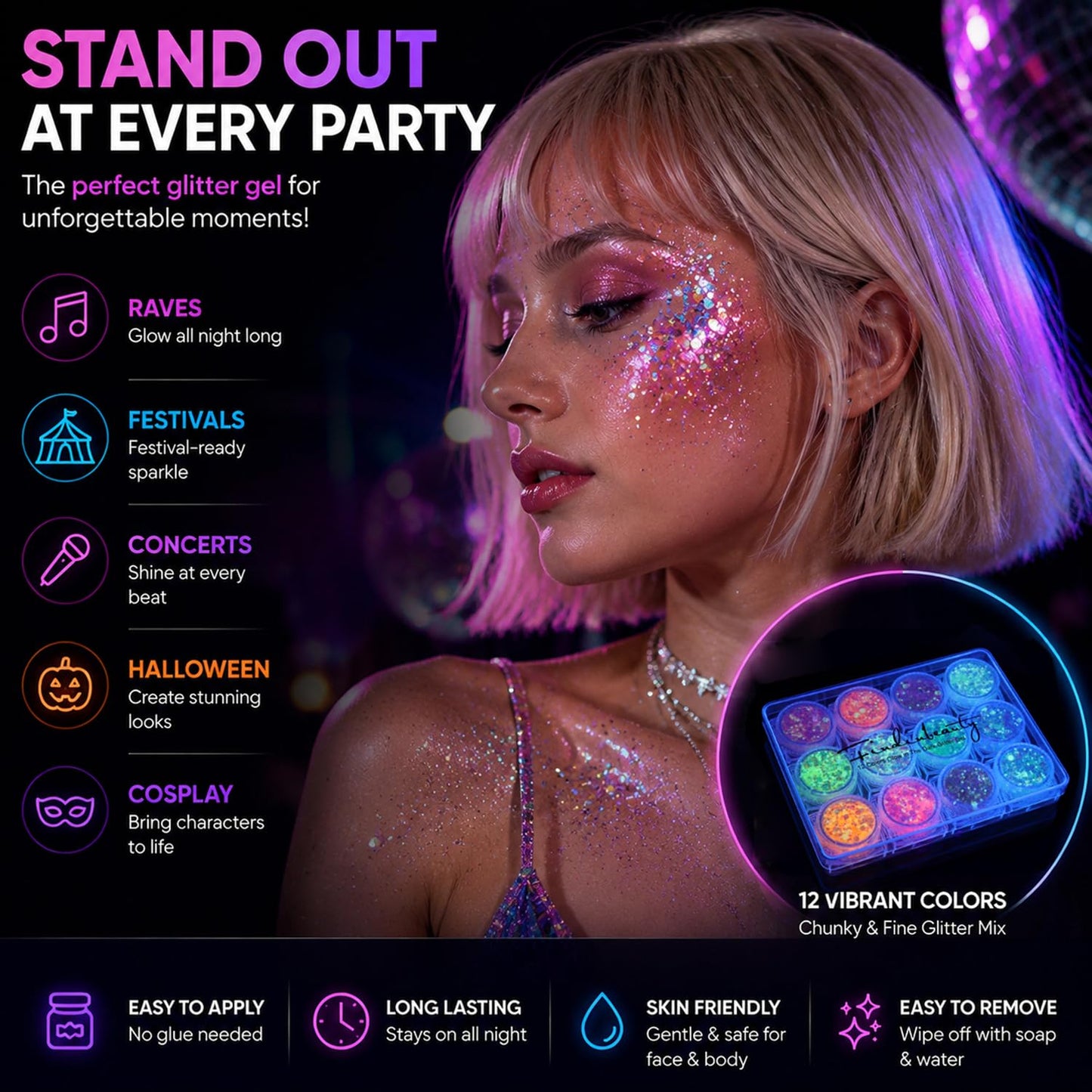 FindinBeauty 12 Colors Glow in the Dark Glitter Gel, UV Blacklight Reactive Face & Body Glitter, No Glue Needed, Cosmetic Grade for Eyes, Hair