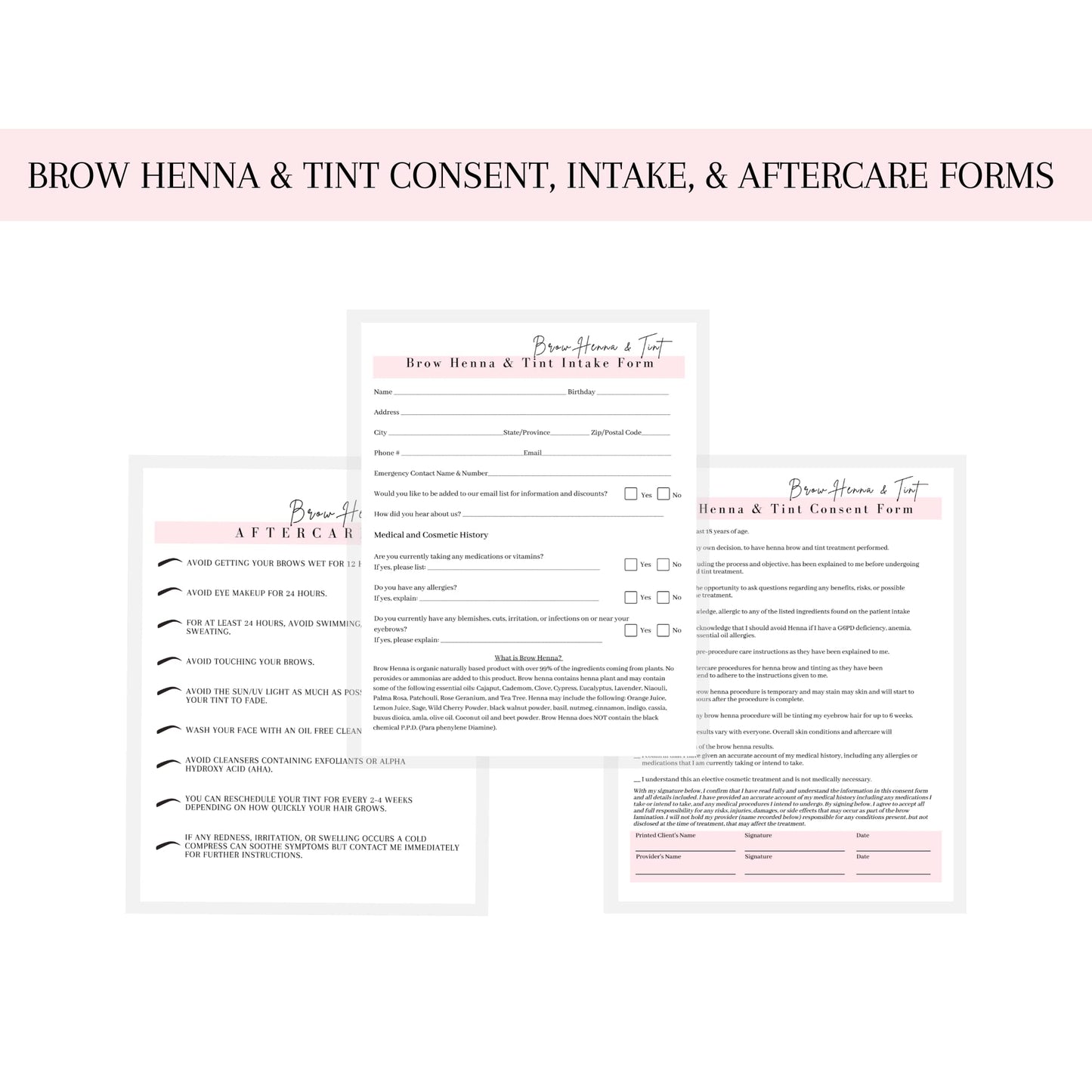 Brow Henna and Tint Intake Forms, Consent, and Aftercare Instruction Cards | 75 pk, 25 of Each | for Client Signature Medical History Information