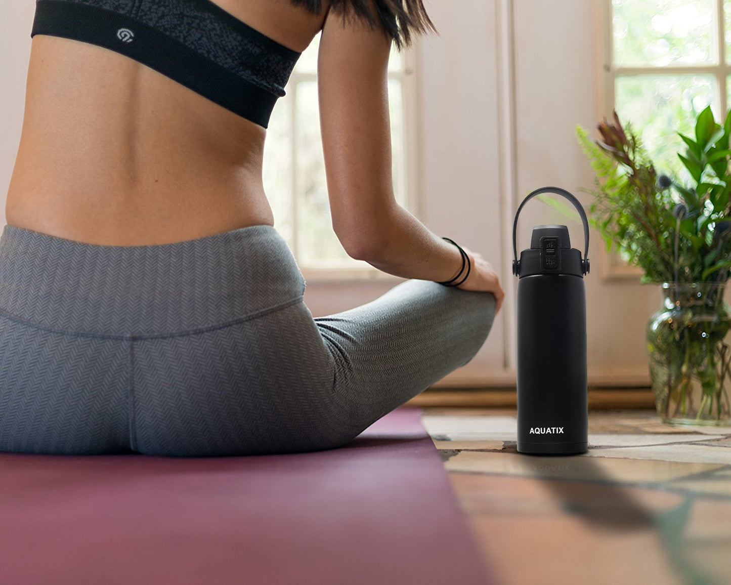 New Aquatix (Black, 21 Ounce) Pure Stainless Steel Double Wall Vacuum Insulated Sports Water Bottle Convenient Flip Top Cap with Removable Strap