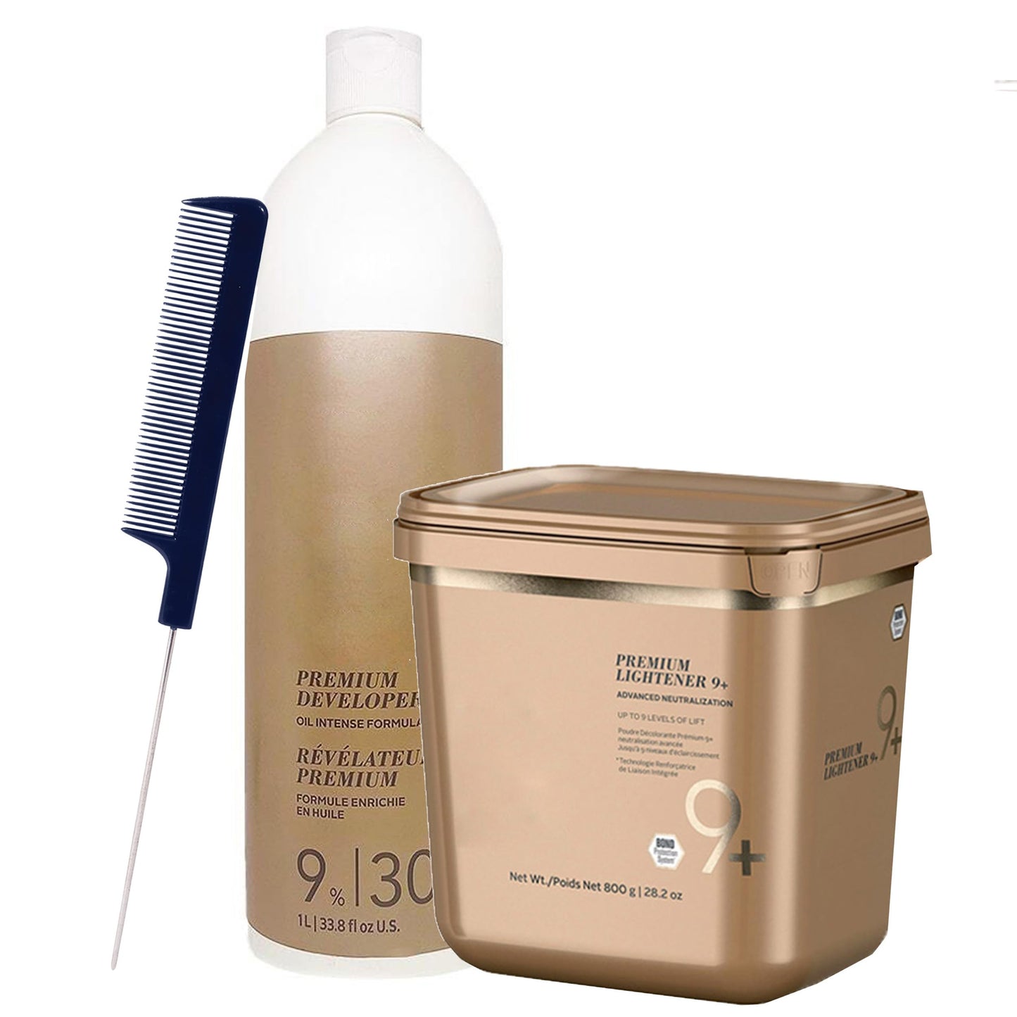Blonde Me Lightener 9+ Bleach 800g with Blonde Me 9% / 30 Volume Developer 1L and Pin Tail Comb - Professional Hair Bleach Kit for Maximum Lift