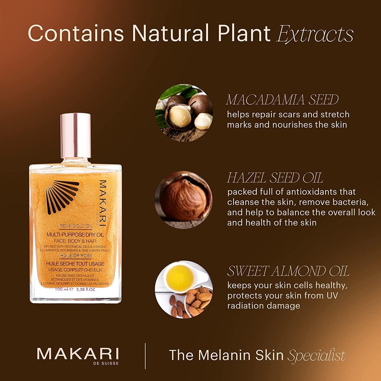 MAKARI 24K Rose Gold Multi-Purpose Dry Shimmer Oil (3.38 fl oz) | Body Shimmer Oil for Face, Hair and Body | Shimmer Body Oil with Real Gold Flakes |