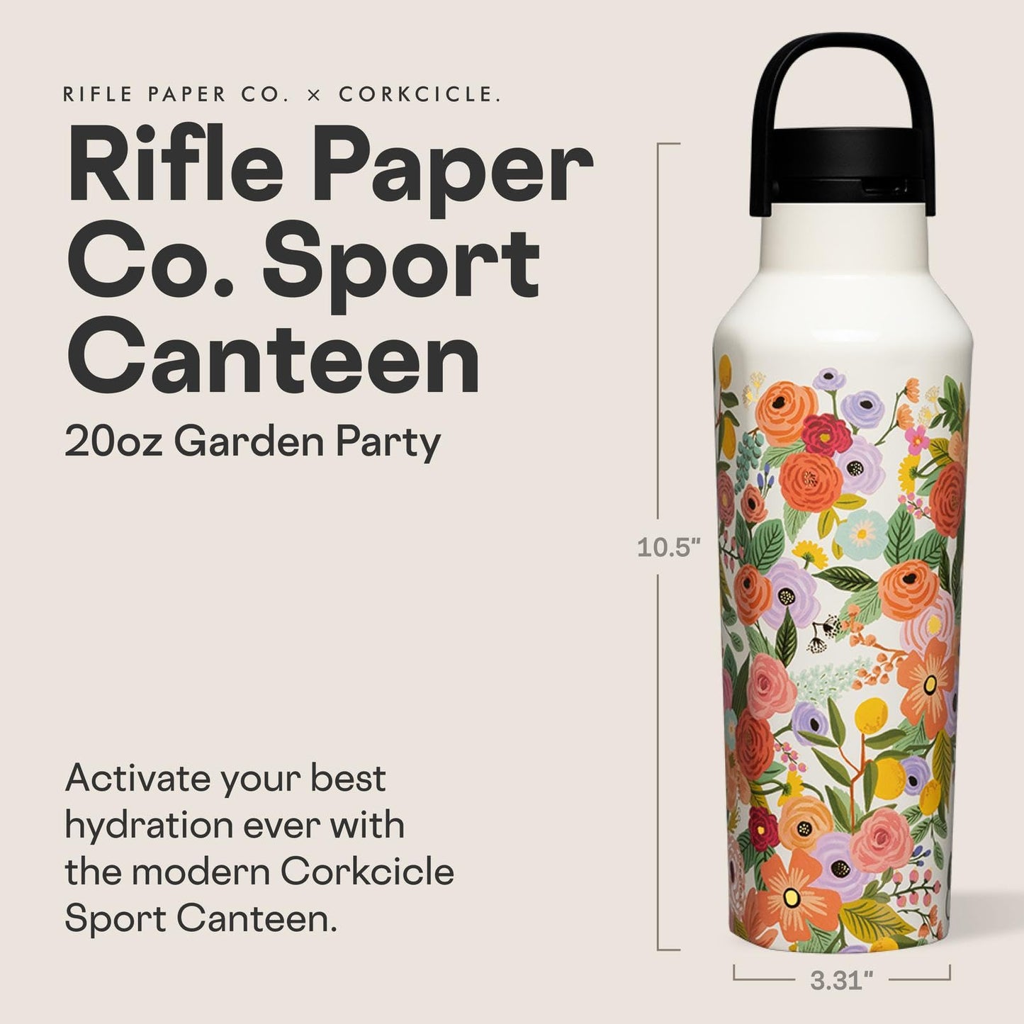 Corkcicle x Rifle Paper Sport Canteen - Keeps Drinks Cold 25 Hours - Stainless Steel - Triple-Insulated - Spill-Proof - Gift for Mom - Great…