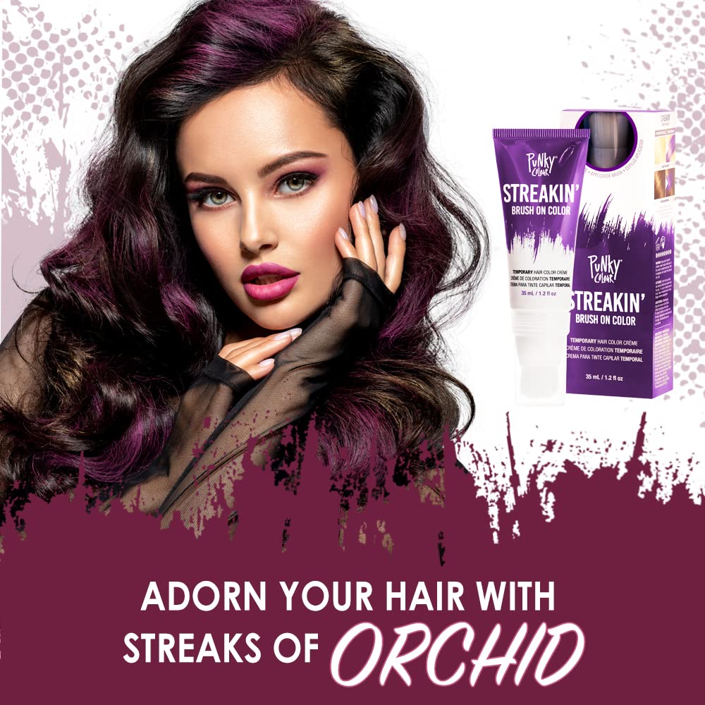 Punky Colour Streakin' Brush on Color Orchid, Temporary Hair Color Creme, Instant, DIY Hairstyle, Vibrant, Soft Hold, Men Women Kids, Easy-Squeeze