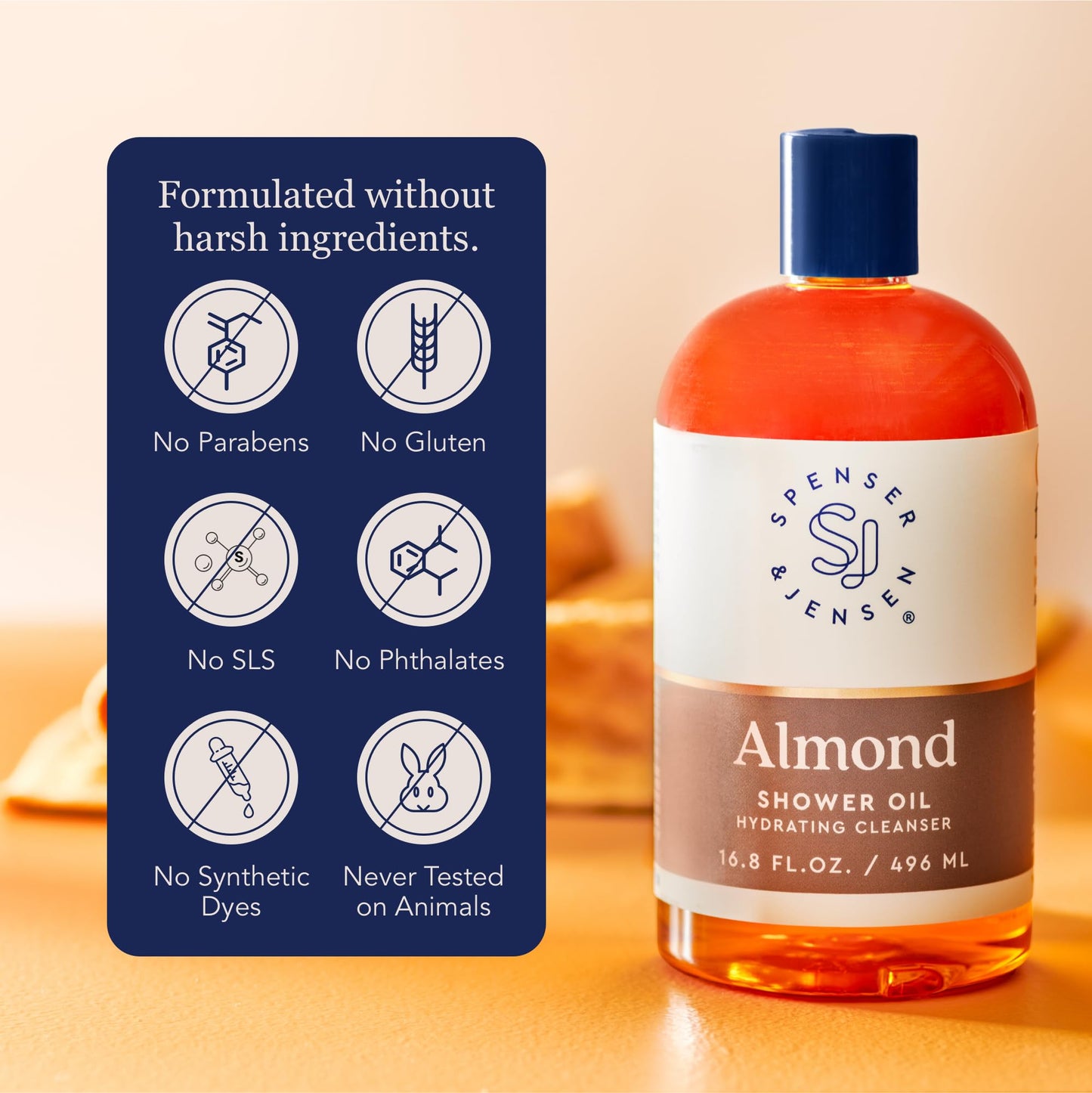 Spenser & Jensen Hydrating Almond Shower Oil - Body Wash for All Skin Types - Almond Oil Shower Gel for Women and Men - Rich in Vitamin E Oil