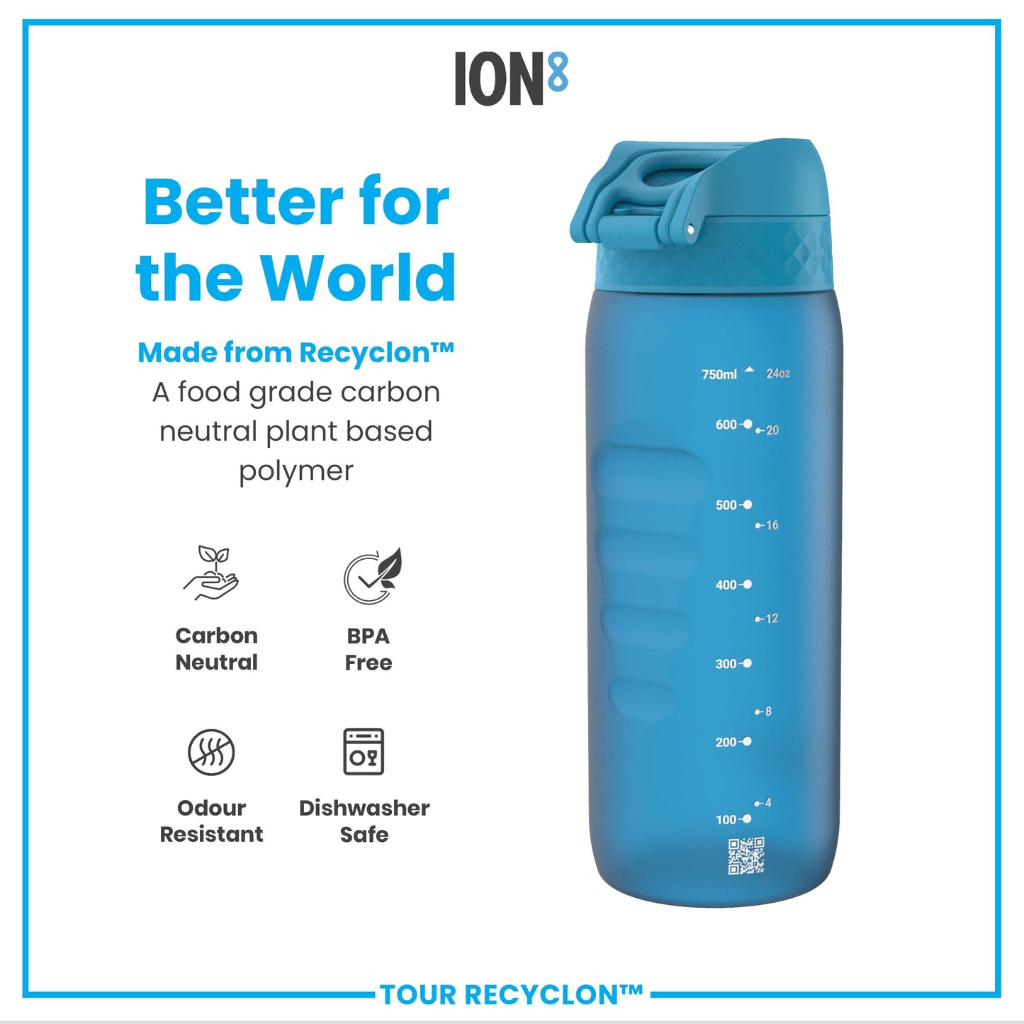 Ion8 Water Bottle, 750 ml/24 oz, Leak Proof, Easy to Open, Secure Lock, Dishwasher Safe, BPA Free, Flip Cover, Carry Handle, Soft Touch Contoured