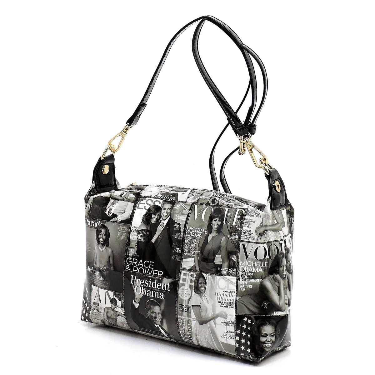 AMY&JOEY Glossy magazine cover collage crossbody bag purses Michelle Obama mini handbag (GREY/BLACK)