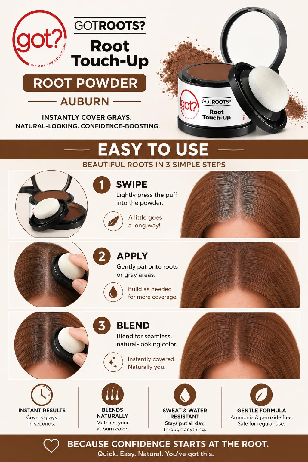 Got? Roots - Temporary Thinning & Gray Hair Cover Up with Pigment Infused Binding Powder for Auburn Hair - Root Touch Up, Brow Filler & Hairline