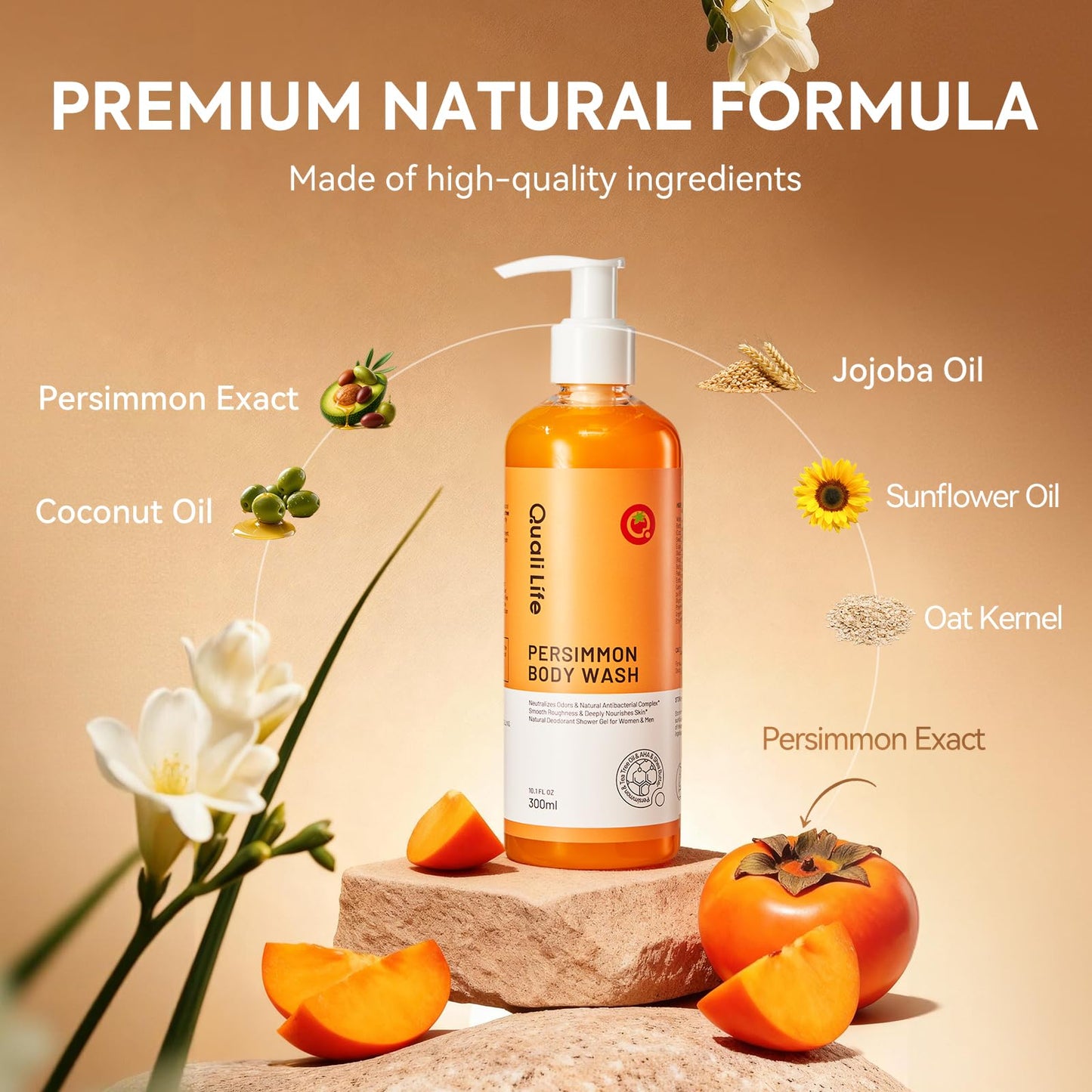 QualiLife Persimmon Body Wash for Old People Smell, Natural Deodorant Bar Soap for Strong Odor Smelly Feet Remove, Deep Cleansing Body Deodorizing Beauty and Personal Care QualiLife