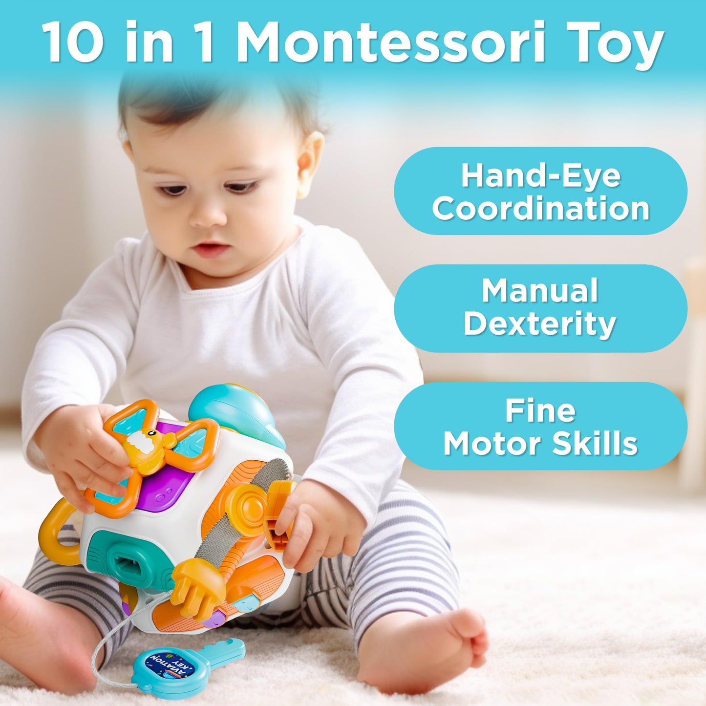 Play iLearn 10-in-1 Busy Board Cube Montessori Toy for Toddlers, Travel Carseat Sensory Activity, Educational Gift for 6-24M Boys Girls