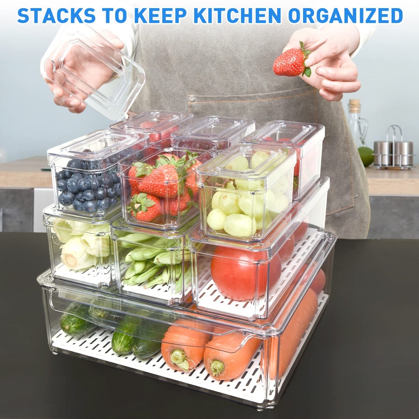 Pomeat 10 Pack Fridge Organizer, Stackable Refrigerator Bins with Lids, BPA-Free Produce Fruit Storage Containers for Fridge, Clear for Food, Drinks…