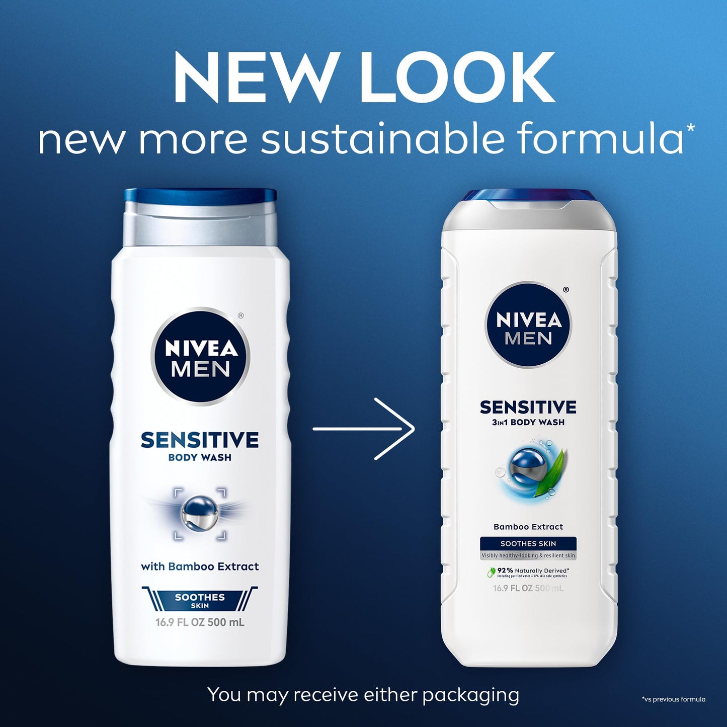 NIVEA MEN Sensitive Body Wash with Bamboo Extract, Moisturizing Body Wash for Sensitive Skin, Soap Free Shower Gel for Men with No Drying Alcohol