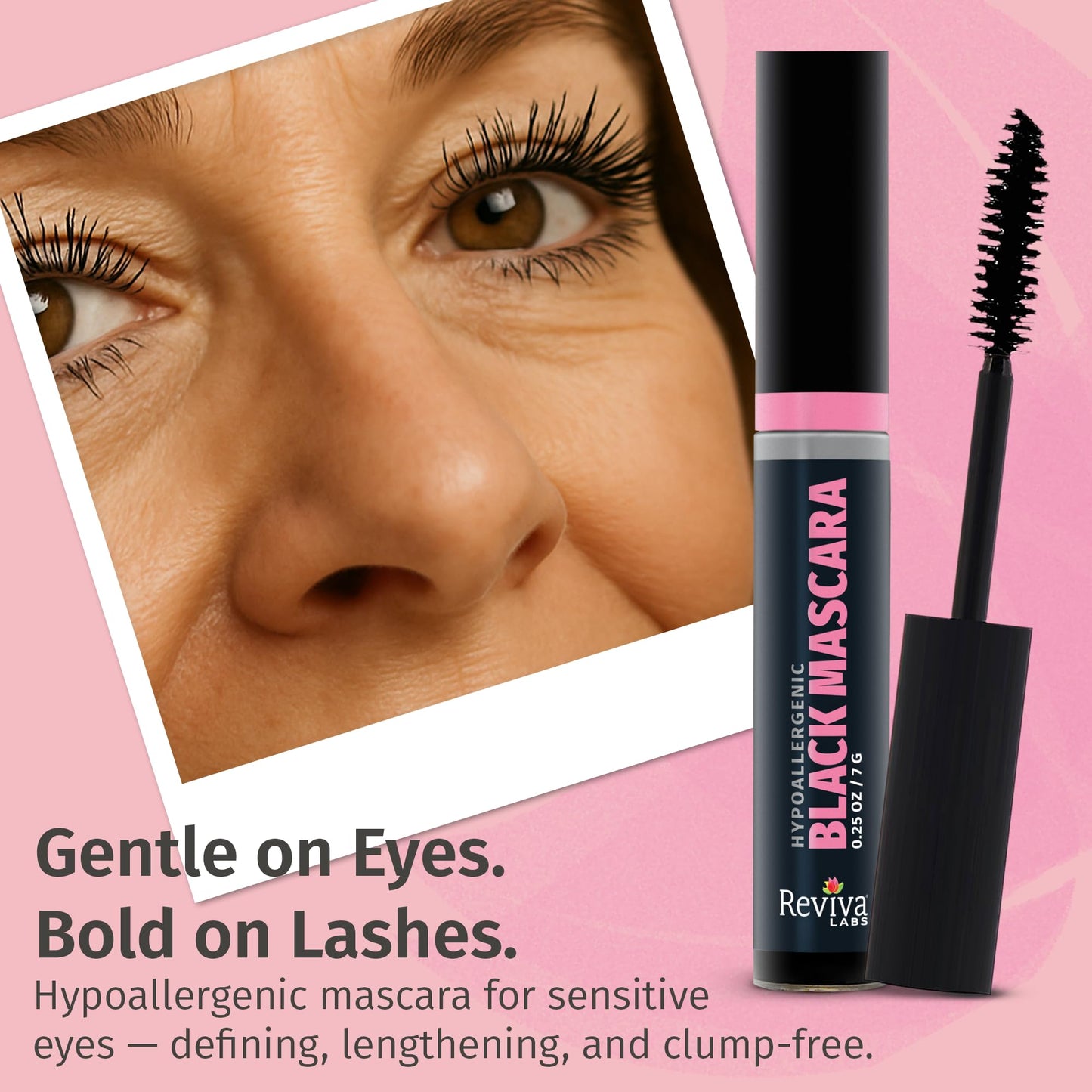 Reviva Labs Black Hypoallergenic Mascara for Sensitive Eyes and Older Women - Gentle, Volumizing & Lengthening Mascara for Older Women 50 and 60 Plus