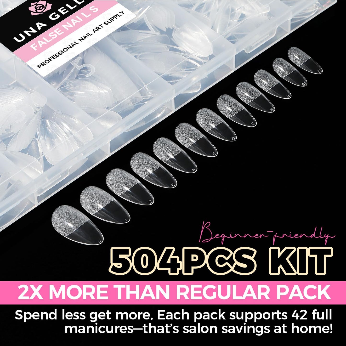 UNA GELLA Almond Gel Nail Tips, 504PCS Pre Etched Clear Fake Nails Tips Medium Almond Shape - 12 Sizes Full Cover Soft Acrylic Press On Nail