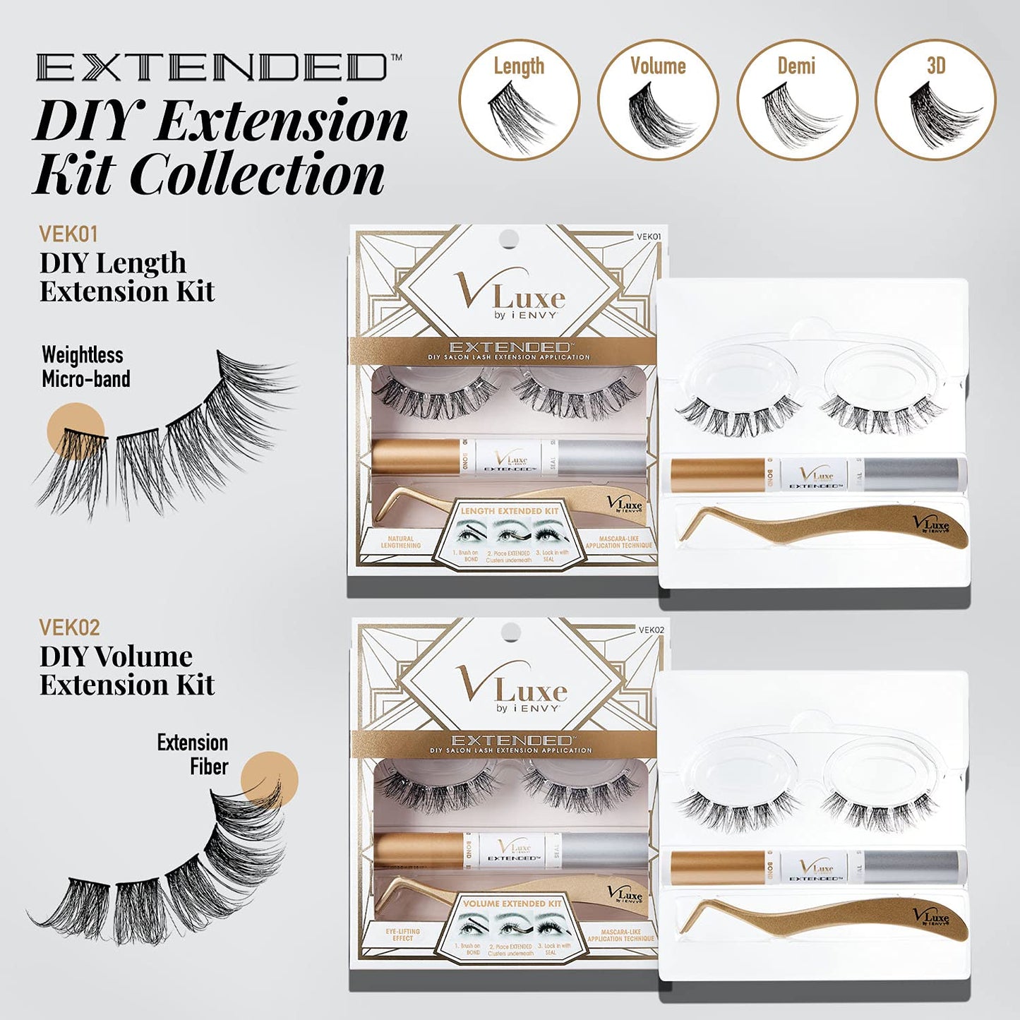 i•ENVY DIY Lash Extension Starter Kit With 10 Volume Extended Clusters, Applicator and Bond & Seal - Eye lifting Effect, Feather Light Reusable Lash