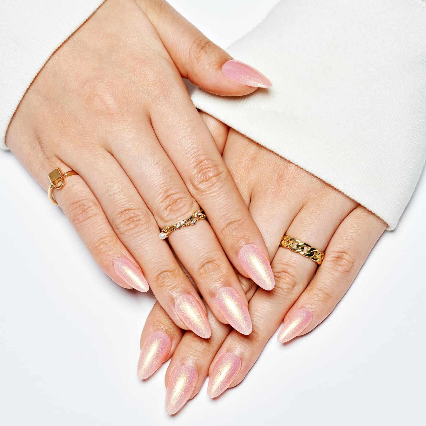 GLAMERMAID Press on Nails Medium Almond, Handmade Glossy Gel Nude Pink Golden Glitter Galaxy Fake Nails Shinny Stiletto, Short Oval Pearl Shimmer