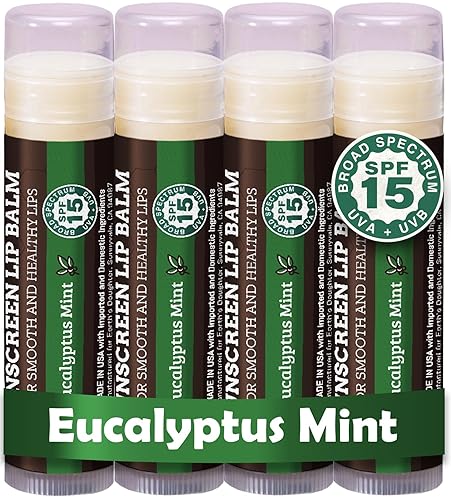 Earth's Daughter SPF Lip Balm Eucalyptus Mint 4-Pack - Lip Sunscreen, SPF 15, Organic Ingredients, Beeswax, Coconut Oil, Vitamin E - Hypoallergenic