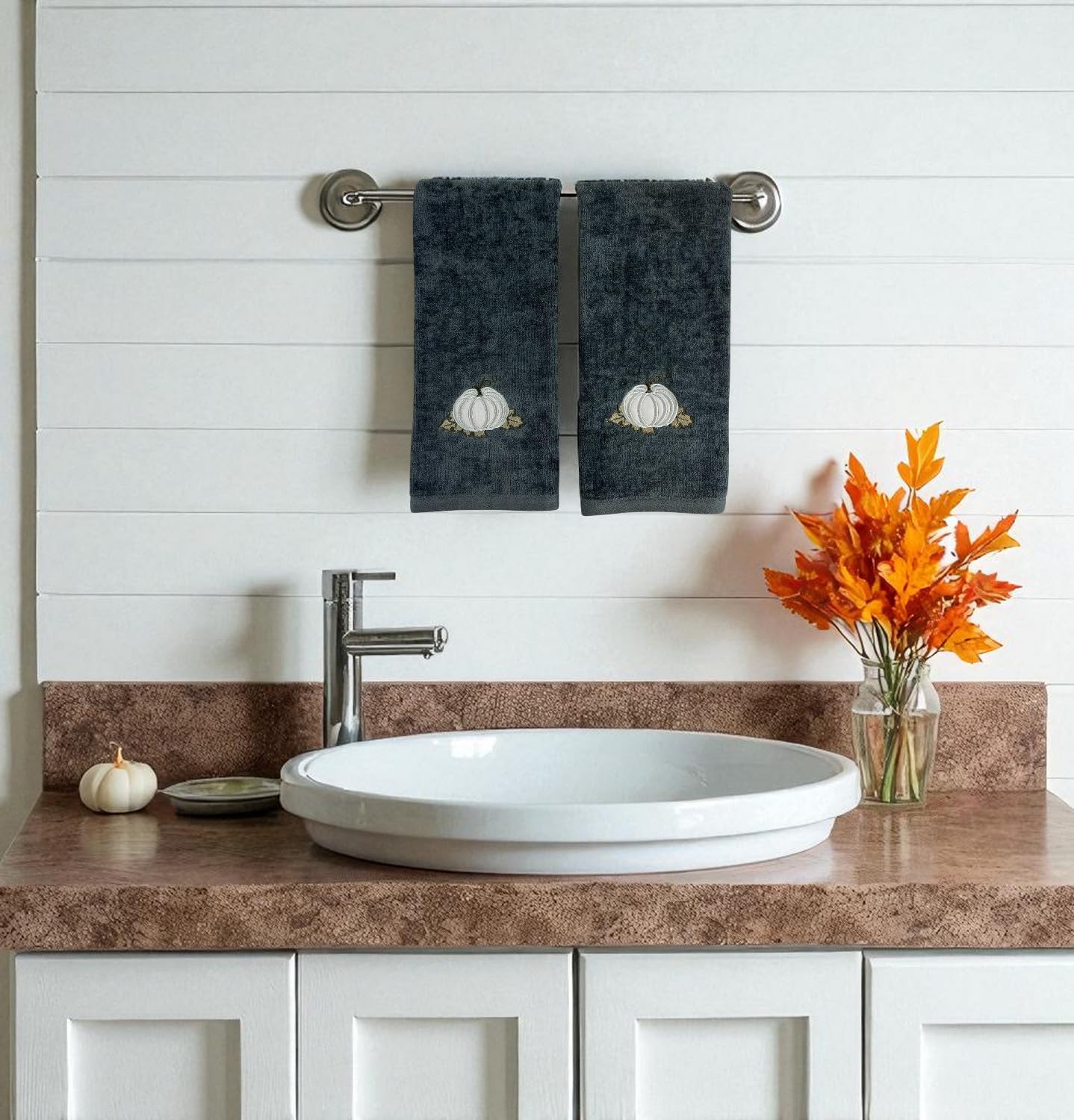 Serafina Home Autumn Fall Bath Hand Towels Bathroom Decor Farmhouse Harvest: Plush Soft Gray Grey 100% Cotton Terry Velour Appliqué and Embroidered…