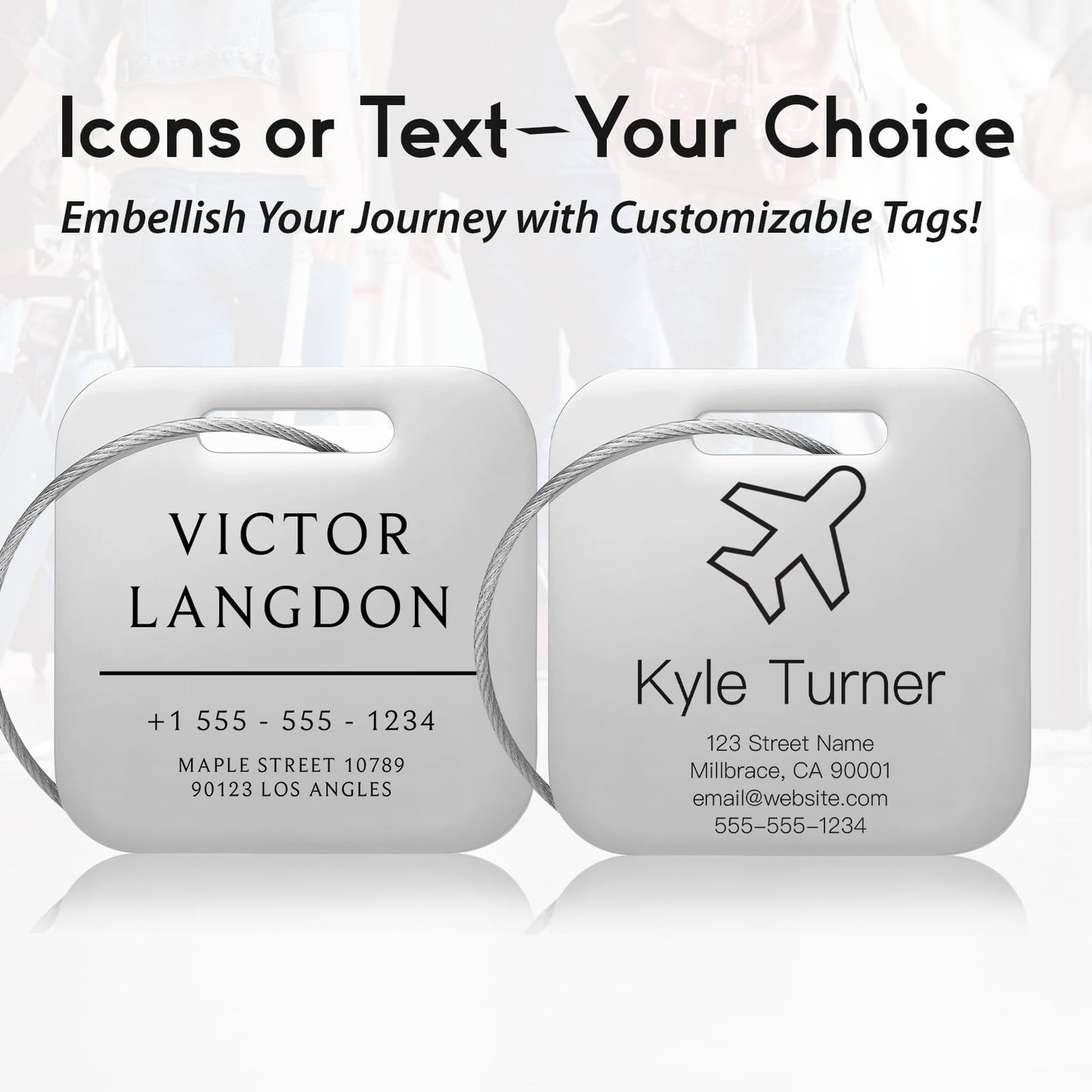 KCULE Customized Stainless Steel Luggage Tags: Personalize Your Suitcases, Backpacks, and Bags with Your Text (Silver)
