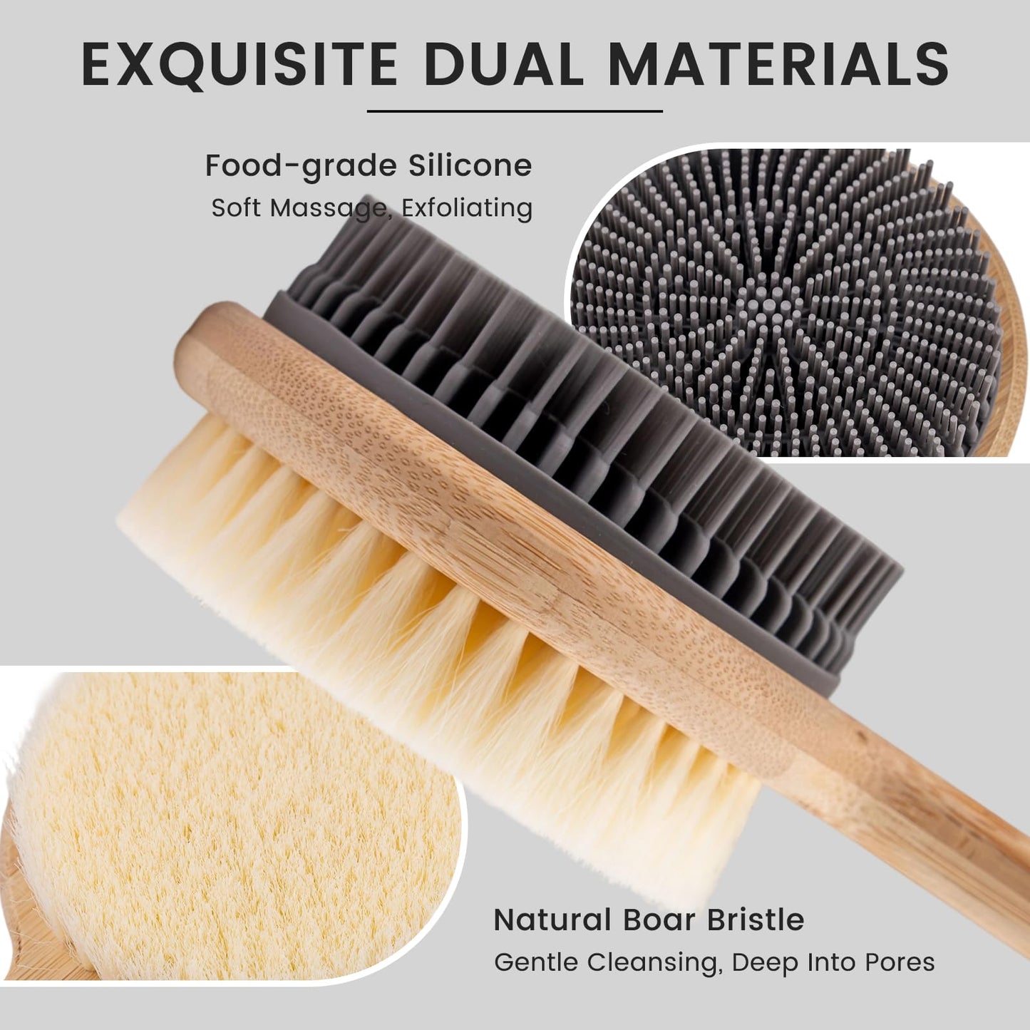 Back Scrubber for Shower - Double-Sided Silicone and Super-Dense Bristles for Deep Cleaning & Exfoliation, Bamboo Long Handle with Wider Anti-Slip Beauty and Personal Care VWMYQ