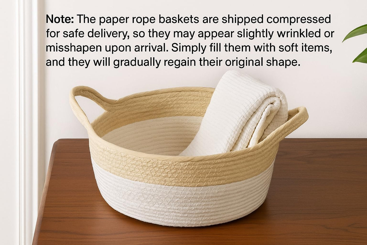 Set of 3 Paper Rope Storage Baskets with Handles - Handwoven Decorative Organizer Bins for Shelf, Closet, or Laundry - Natural Beige & White Home…