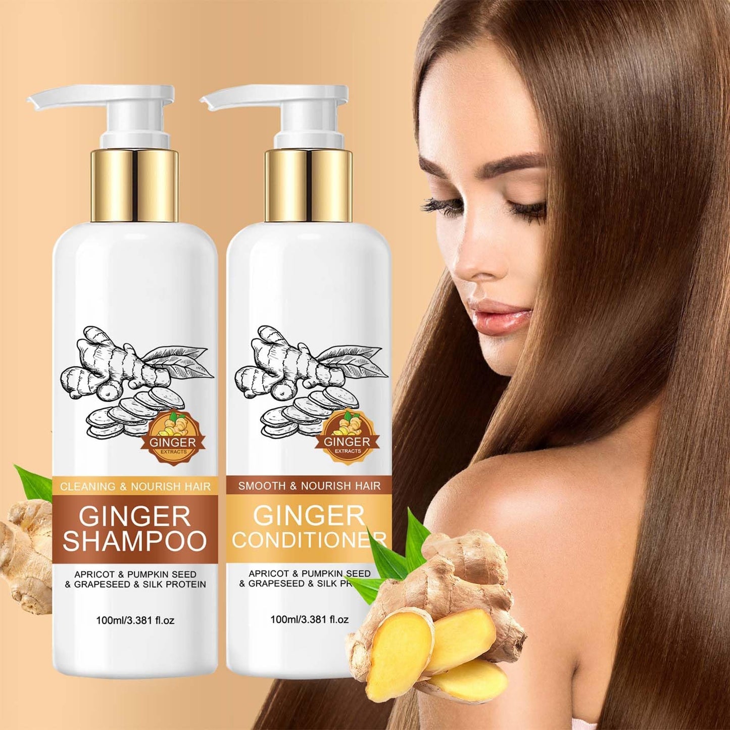 Ginger Shampoo and Conditioner Set, Deep Nourishing Shampoo and Conditioner for Hair Growth, Scalp Care, Frizz Control, and Damage Repair, Adds Shine