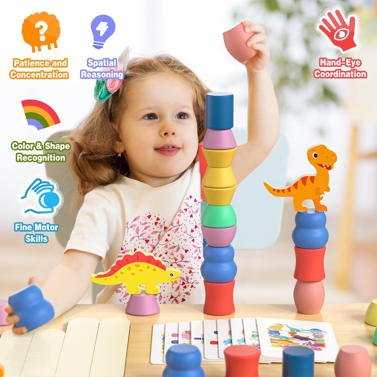 Montessori Wooden Dinosaur Toys – Sorting, Stacking & Balance Blocks for Toddlers Ages 1-4, Preschool Educational Birthday Gift
