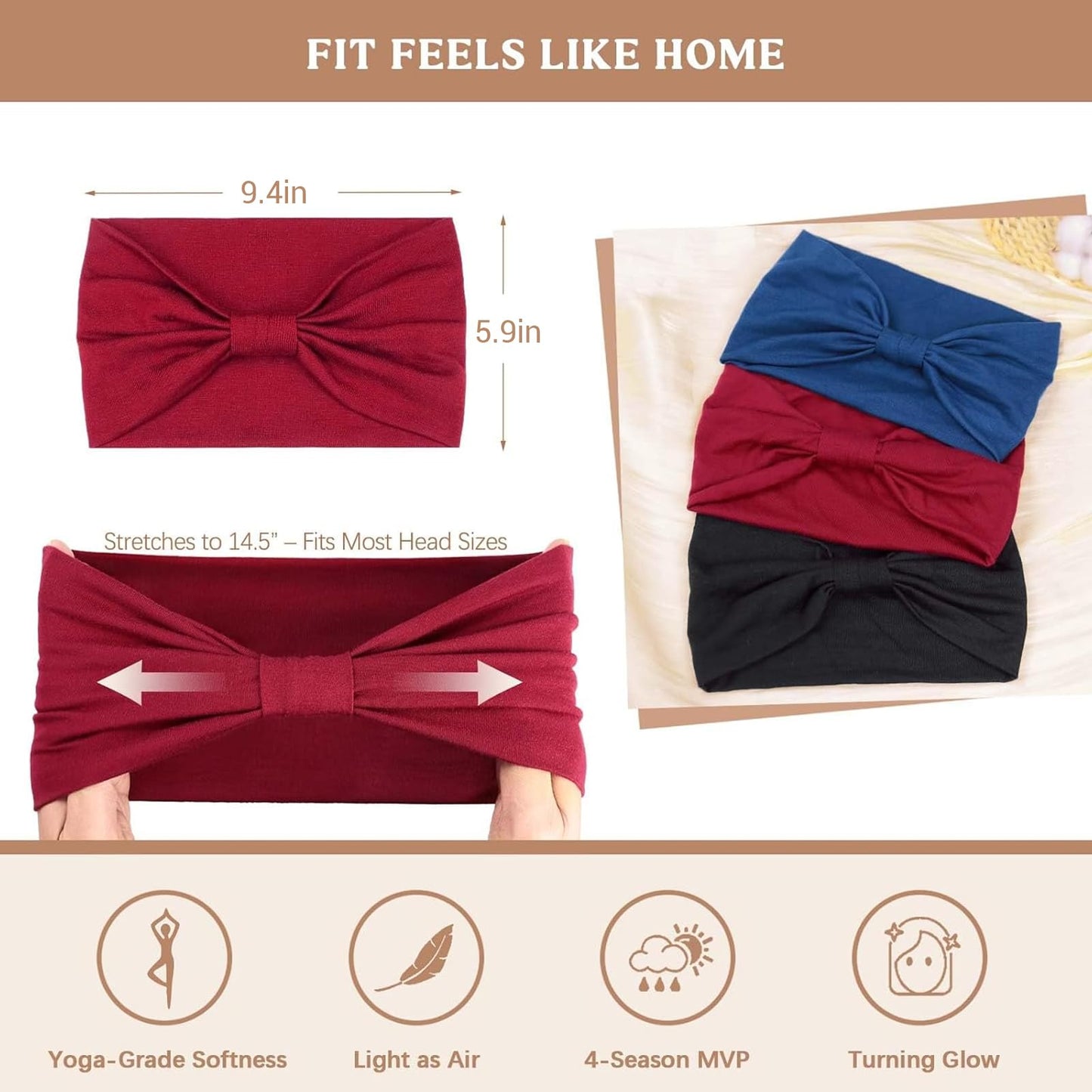 Awumbuk Wide Headbands for Women Knotted No Slip Head Bands Soft Turban Headband Hair Accessories Boho African Solid Color Head Wraps for Women Yoga Beauty and Personal Care Awumbuk