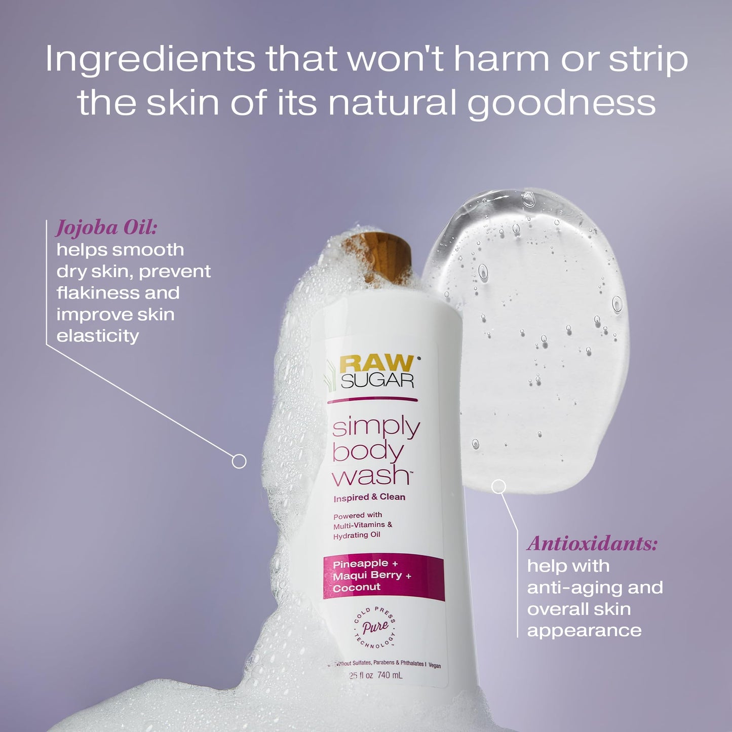RAW SUGAR Simply Body Wash, (25 Fl Oz, Pack of 1) Bath Soap, Formulated without Sulfates & Parabens (Pineapple + Maqui Berry + Coconut)
