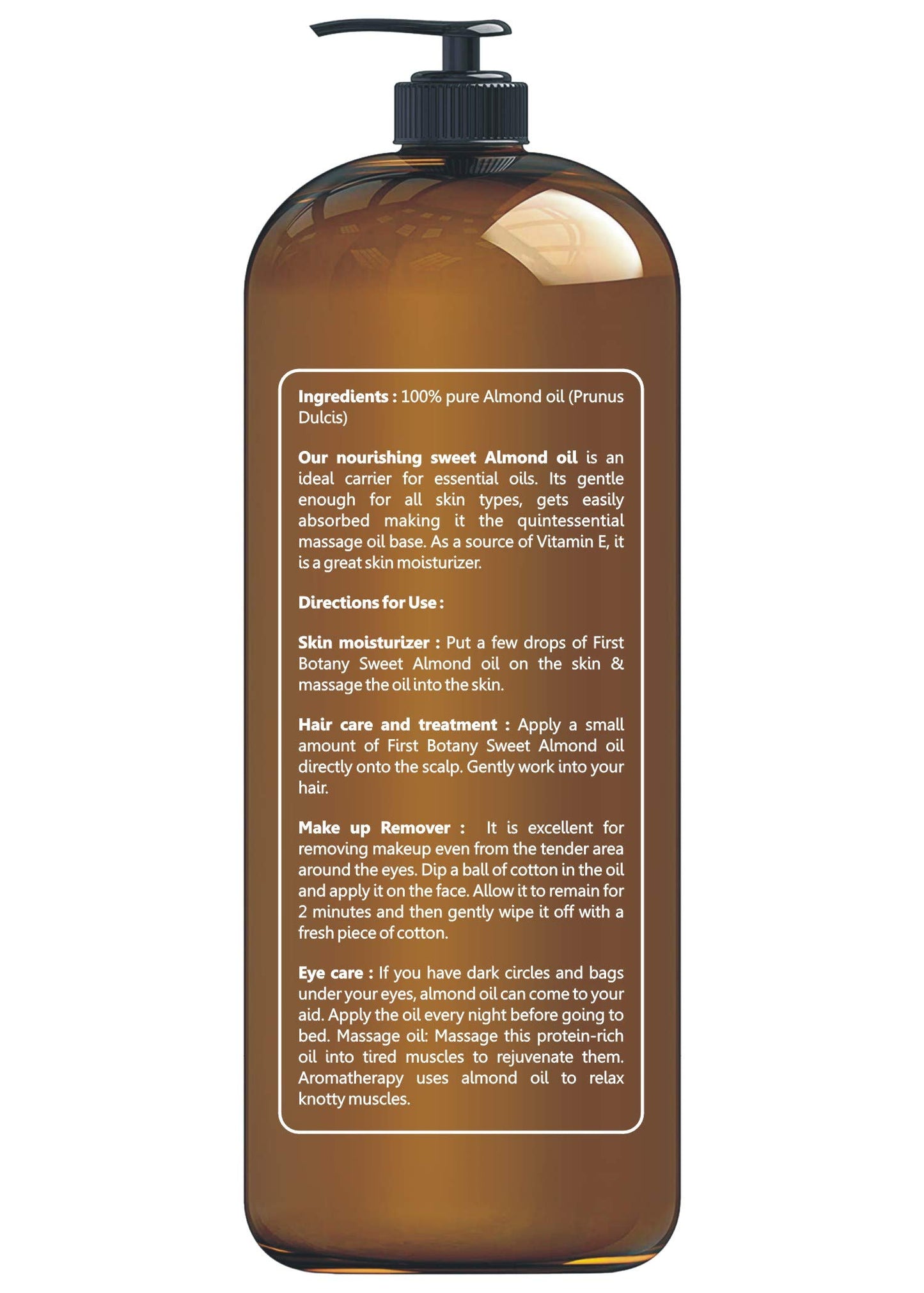 First Botany Cosmeceuticals, Cold Pressed Sweet Almond Oil - Triple AAA+ Grade Quality, For Hair, For Skin and For Face, 100% Pure and Natural