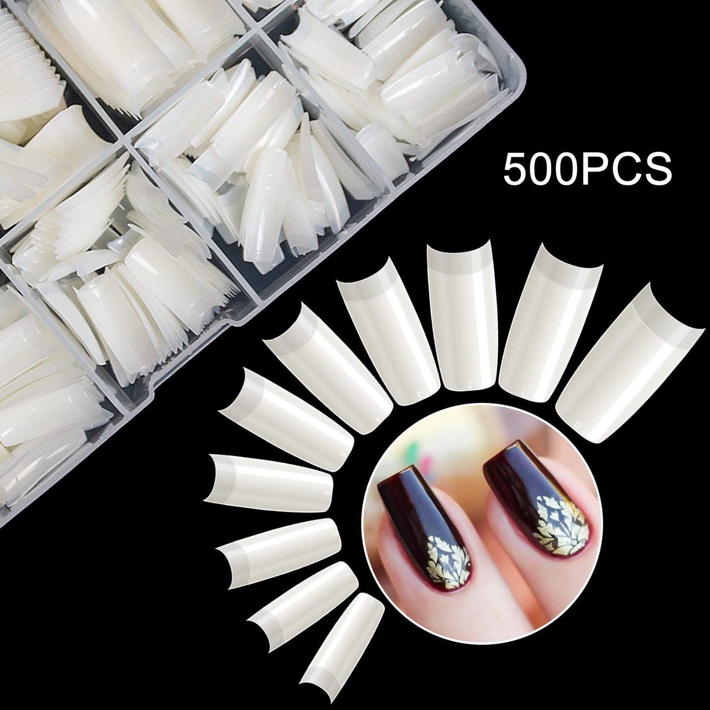 krofaue 500PCS Half Cover False Nails Tips - Acrylic Nail Tips 10 Sizes Lady French Style Acrylic Artificial Tip Manicure with Box for Nail Tips Art