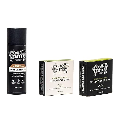 Spinster Sisters Natural Hair Care Set, Rosemary Mint - Shampoo Bar, Conditioner Bar, Brown Dry Shampoo - Homemade, sulfate-free, moisturizing