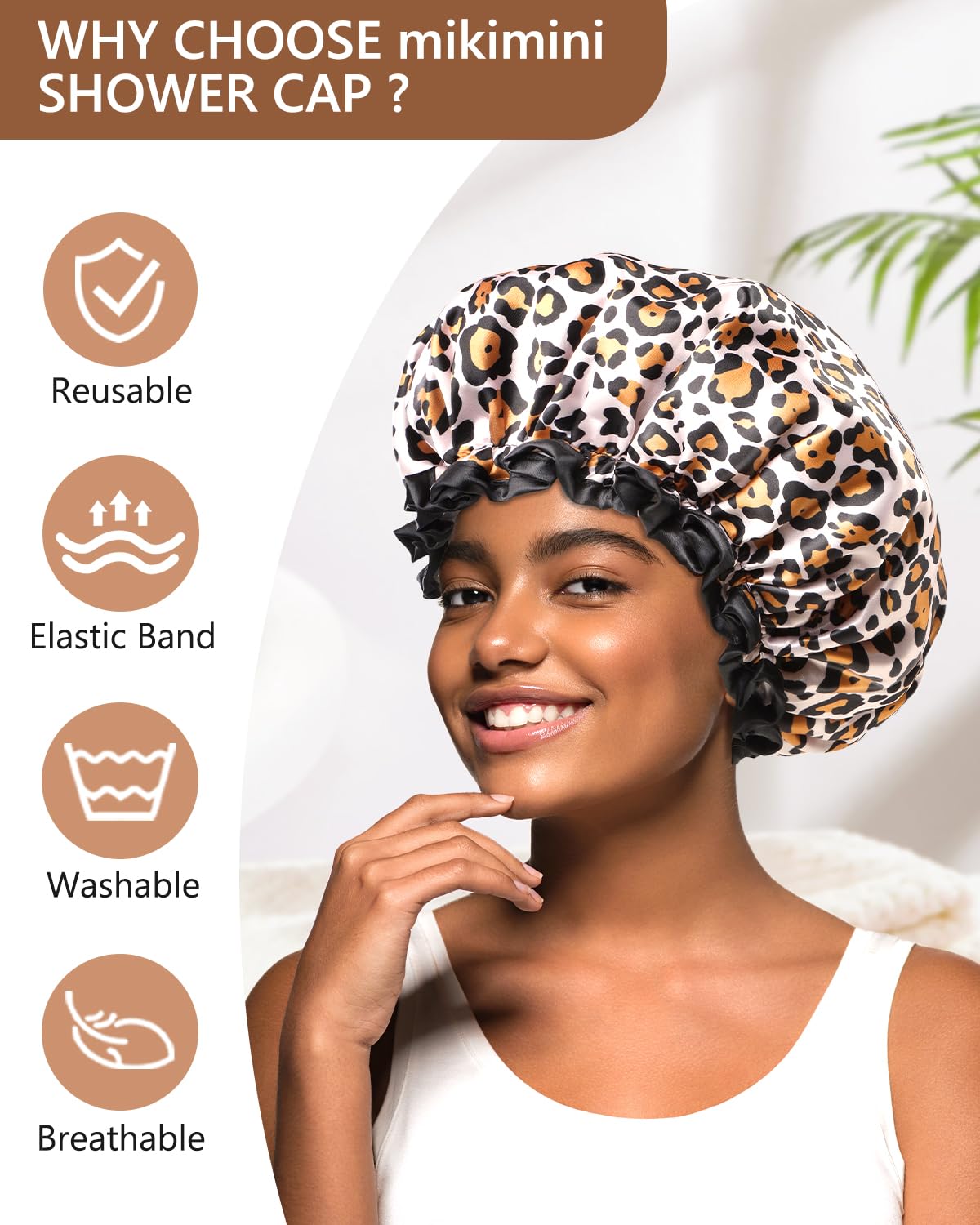 mikimini Medium Shower Cap for Girls and Women,Leopard Stylish Shower Caps with Black Lace,Reusable Waterproof Bathing Shower Hat for Girls