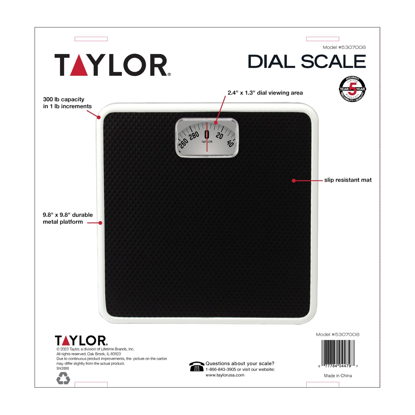 Taylor Analog Bath Scale, Classic Dial Body Weight Monitor, Mechanical Non-Digital Weighing Device with 300 lb Capacity, Battery-Powered Design…