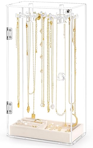 Necklace Holder, Acrylic Jewelry Organizer with 24 Hooks, Rotation Clear Necklaces Pendant Display Case Stand, Dust-proof Velvet Tray Hanging Rack…