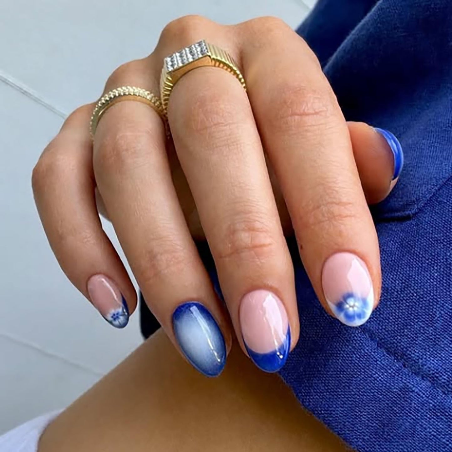 French Press On Nails Short Almond Fake Nails With Blue Flower Design Glue On Nails Pink Glossy False Nails Full Cover Reusable Acrylic Nails Beauty and Personal Care Posyofet