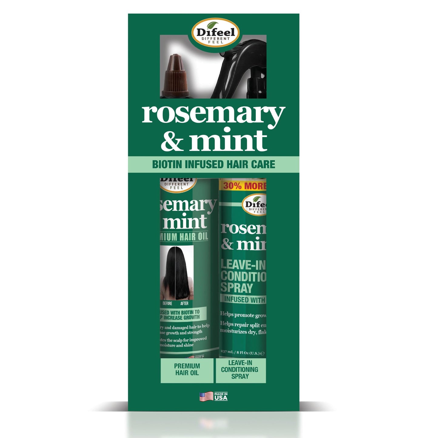 Difeel Rosemary & Mint Hair Care Set - 8oz Hair Oil and 8oz Leave-in Conditioning Spray in a Gift Box