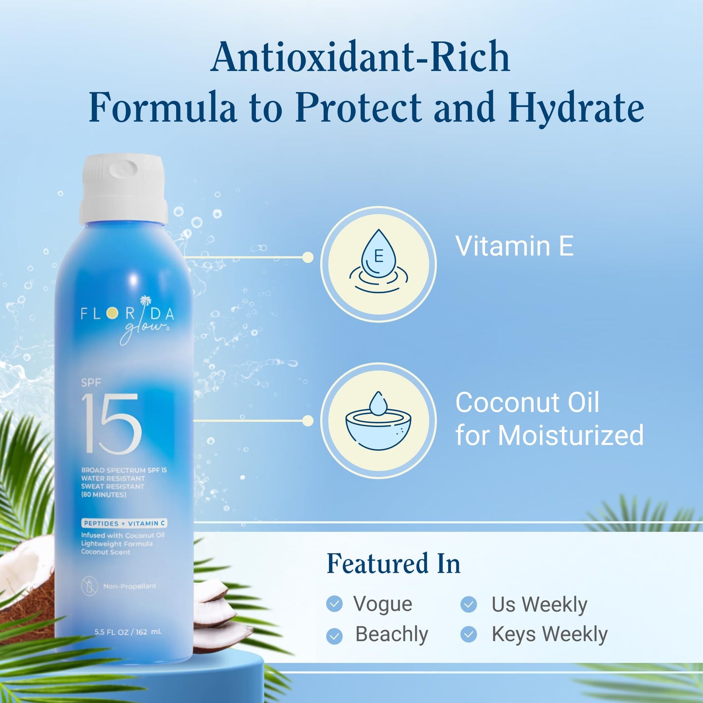 Florida Glow SPF 15 Sunscreen Spray - Hawaii 104 Reef Act & Florida Keys Compliant, Broad Spectrum, Water Resistant - Sun screen protector for face