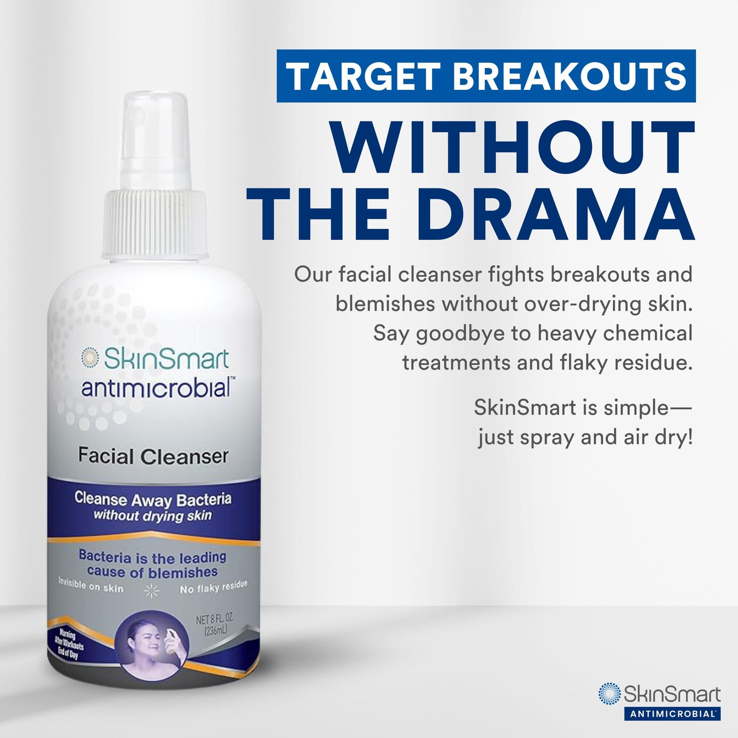SkinSmart Antimicrobial Facial Cleanser for Breakouts & Blemishes; Hypochlorous Acid Formula Targets Bacteria to Reduce Skin Irritation and Flush