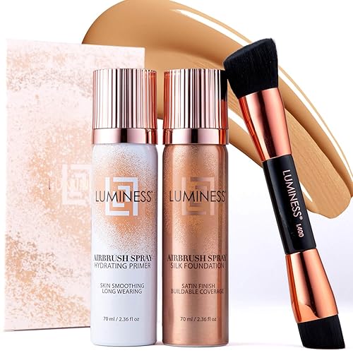 LUMINESS Airbrush Spray Silk Foundation Starter Kit - Medium - Foundation, Primer & Dual-Sided Angled Buffing Brush - Medium, Buildable Coverage