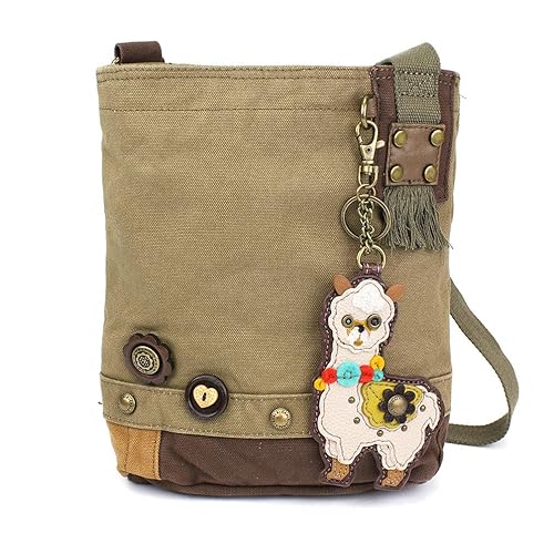 CHALA Patch Cross-Body Women Handbag, Olive Canvas Messenger Bag Key fob (LLAMA- Olive)