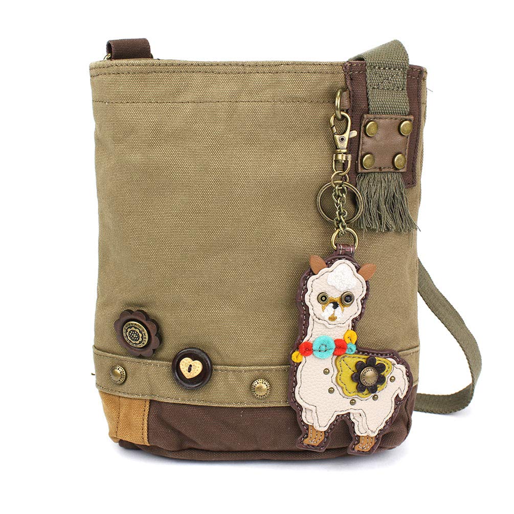 CHALA Patch Cross-Body Women Handbag, Olive Canvas Messenger Bag Key fob (LLAMA- Olive)