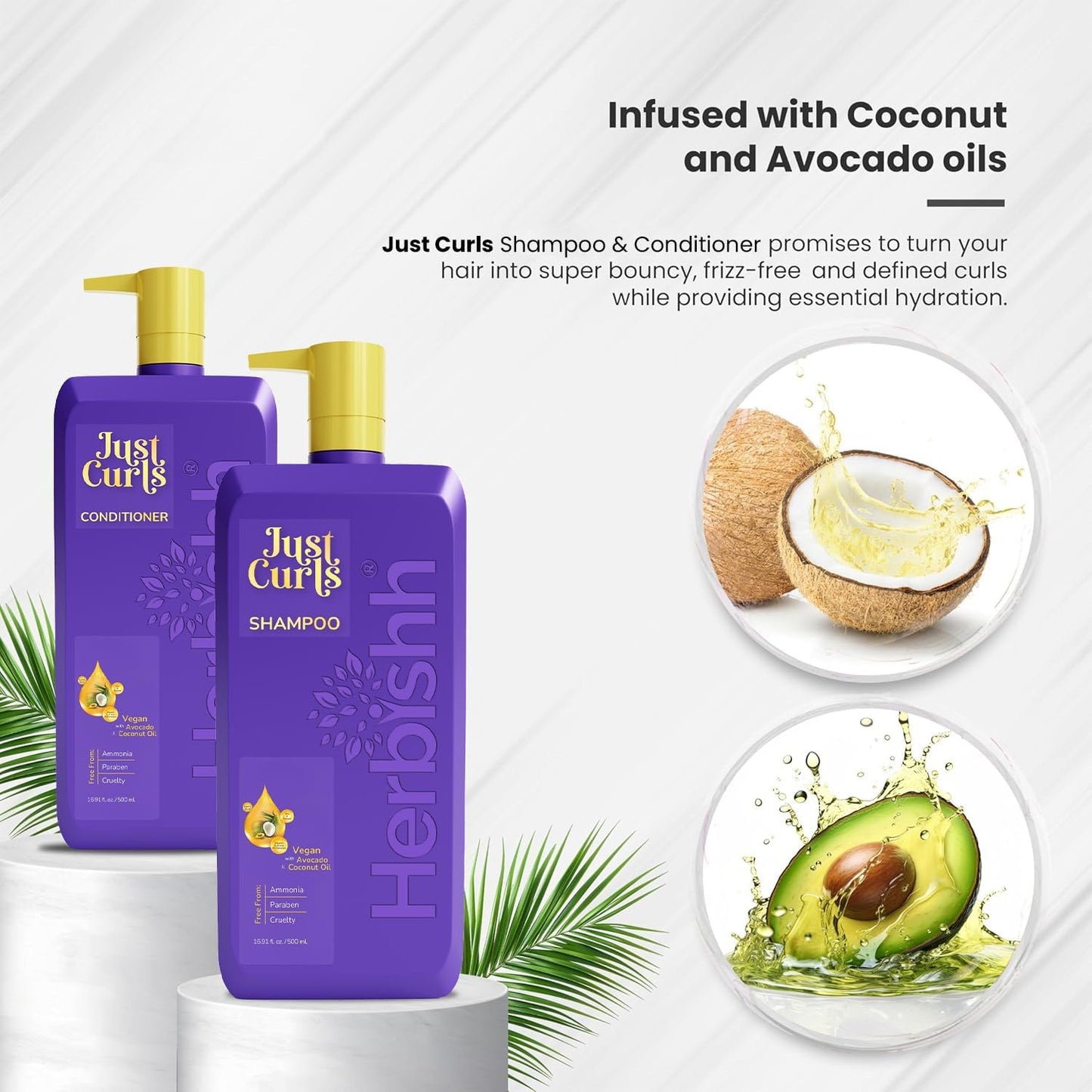 Herbishh Curly Hair Shampoo and Conditioner Set (16.91 oz Each) With Coconut & Avocado Oil for Wavy and Coily, Haircare for Women & Men, Curly Hair