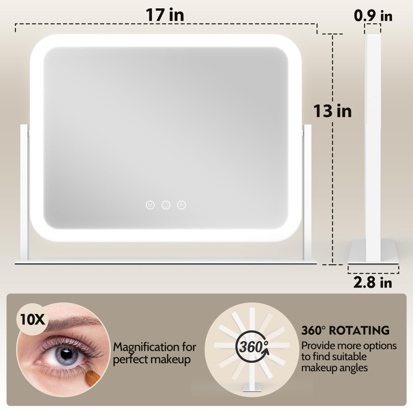 ROLOVE Lighted Makeup Mirror, 17"x13" Vanity Mirror with Lights, 10X Magnification, Gifts for Women, 3 Color Lighting Modes, Smart Touch Control, 360° Beauty and Personal Care ROLOVE