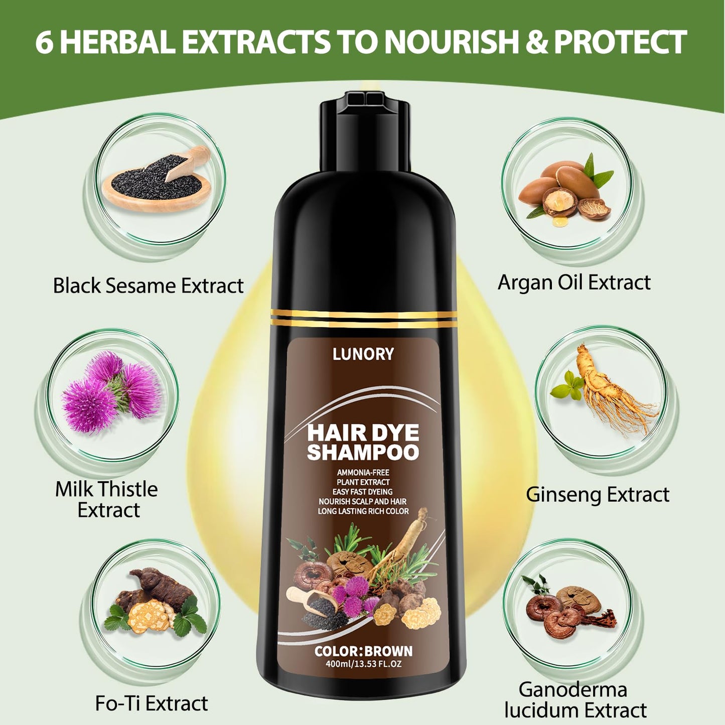 Lunory Brown Hair Dye Shampoo for 100% Gray Coverage - 3 IN 1 Hair Color Shampoo with Argan Oil & Ginseng, Ammonia & Paraben Free, Long Lasting Beauty and Personal Care Lunory