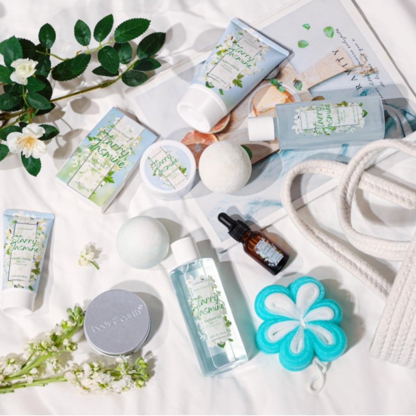 Body & Earth Gift Baskets for Women 11PCS Jasmine Spa Gift Sets for Her, Self Care Kit with Bubble Bath, Shower Gel, Lotion Set, Mothers Day Gifts